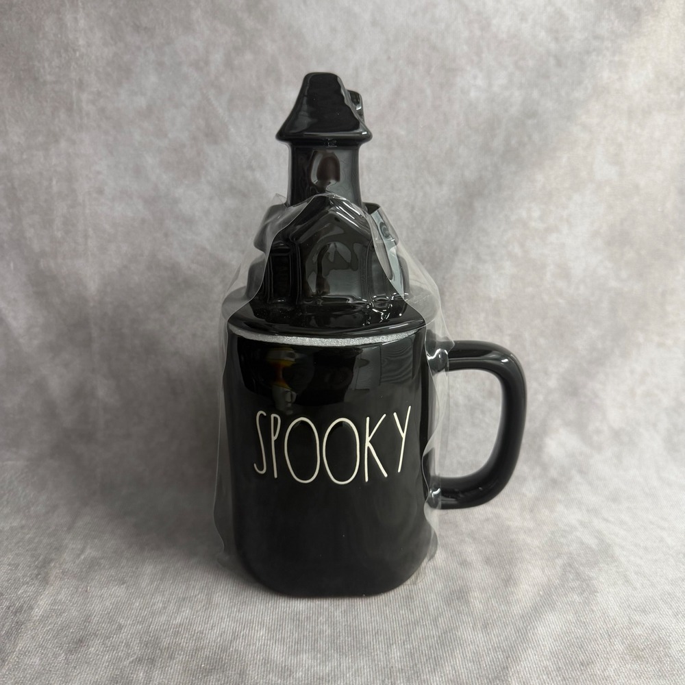 Rae Dunn Mug Black Spooky Haunted House Lid Halloween Ceramic 16oz Coffee Cup